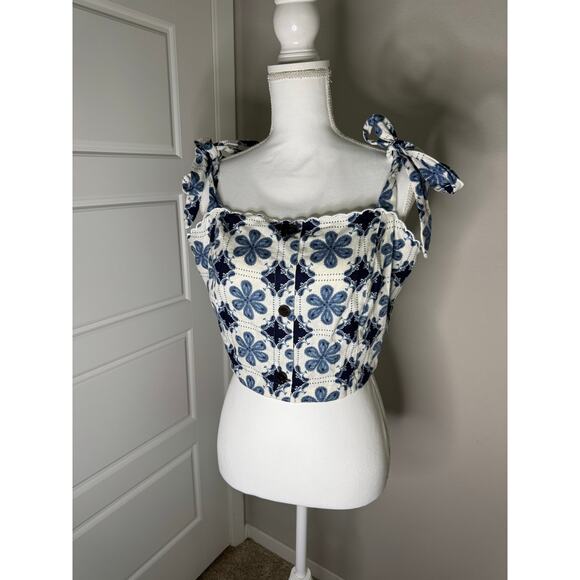 AGUA BENDITA X TARGET 1X Tank Button Front Blue And White Coral Tile Print - Picture 1 of 5